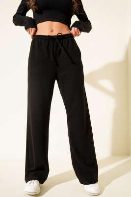 İp Bağcıklı Bol Paça Pantolon Siyah - Kadın Giyim Modelleri