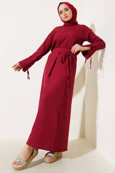 İp Bağcıklı Etekli Basic İkili Takım Bordo - İkili Takım