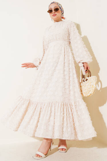 İp Bağcıklı Güpürlü Elbise Bej - Elbise