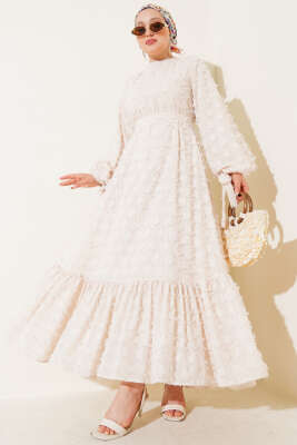 İp Bağcıklı Güpürlü Elbise Bej 