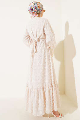 İp Bağcıklı Güpürlü Elbise Bej - Tesettür Elbise