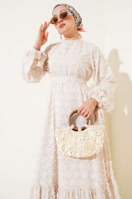 İp Bağcıklı Güpürlü Elbise Bej - Tesettür Elbise