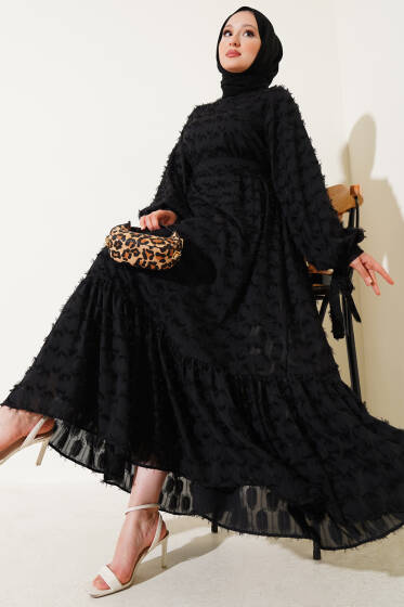 İp Bağcıklı Güpürlü Elbise Siyah - Elbise