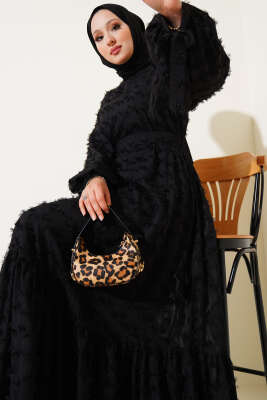 İp Bağcıklı Güpürlü Elbise Siyah - Tesettür Elbise