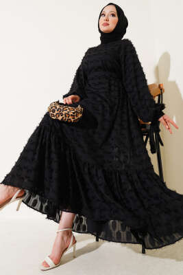 İp Bağcıklı Güpürlü Elbise Siyah