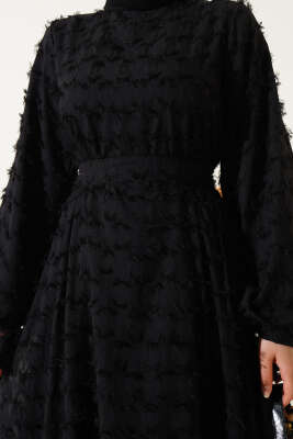 İp Bağcıklı Güpürlü Elbise Siyah - Tesettür Elbise