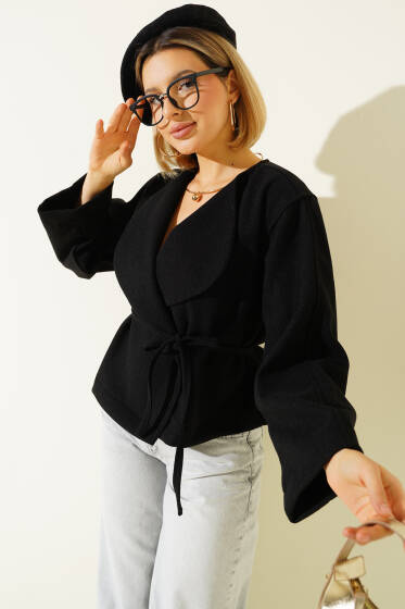  İp Bağcıklı Kaşe Ceket Siyah - Kadın Giyim Modelleri