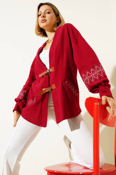 İp Bağcıklı Nakışlı Hırka Bordo - Kadın Giyim Modelleri