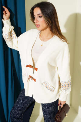 İp Bağcıklı Nakışlı Hırka Ekru - HELLIE