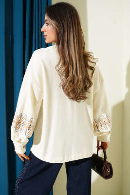 İp Bağcıklı Nakışlı Hırka Ekru - Kadın Giyim Modelleri