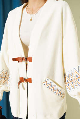 İp Bağcıklı Nakışlı Hırka Ekru - Kadın Giyim Modelleri