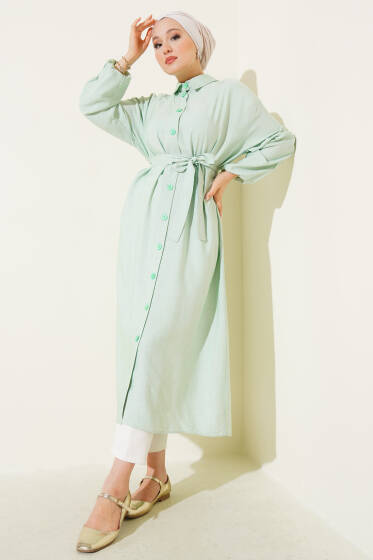  İp Bağcıklı Önden Düğmeli Uzun Tunik Su Yeşili - Tunik