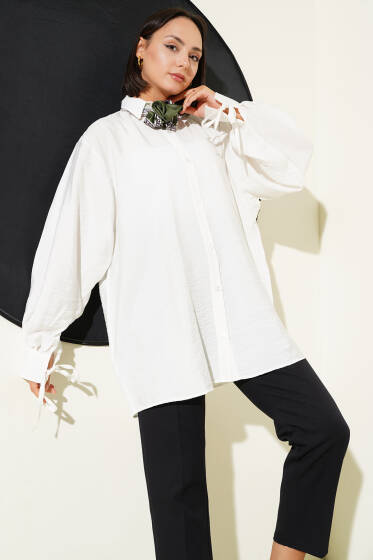 İp Bağcıklı Oversize Gömlek Beyaz - Gömlek