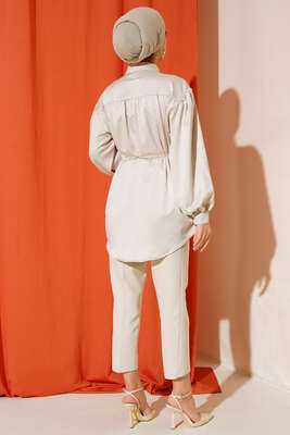 İp Bağcıklı Saten Gömlek Bej - Gömlek