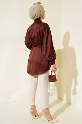 İp Bağcıklı Saten Gömlek Kahve - Gömlek