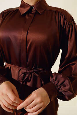 İp Bağcıklı Saten Gömlek Kahve - Gömlek