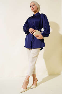 İp Bağcıklı Saten Gömlek Lacivert - Gömlek