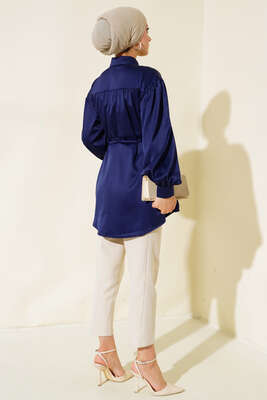 İp Bağcıklı Saten Gömlek Lacivert - Gömlek