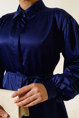 İp Bağcıklı Saten Gömlek Lacivert - Gömlek