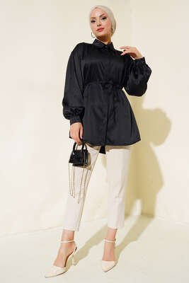 İp Bağcıklı Saten Gömlek Siyah - Gömlek