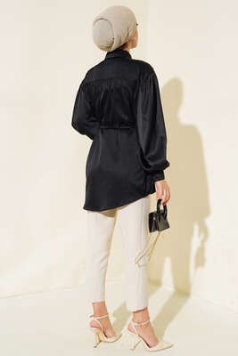 İp Bağcıklı Saten Gömlek Siyah - Gömlek