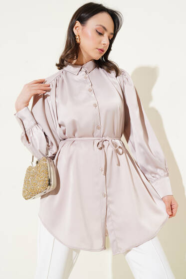 İp Bağcıklı Saten Omuz Büzgülü Gömlek Bej - Gömlek