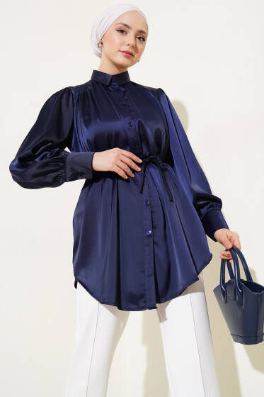 İp Bağcıklı Saten Omuz Büzgülü Gömlek Lacivert - Gömlek