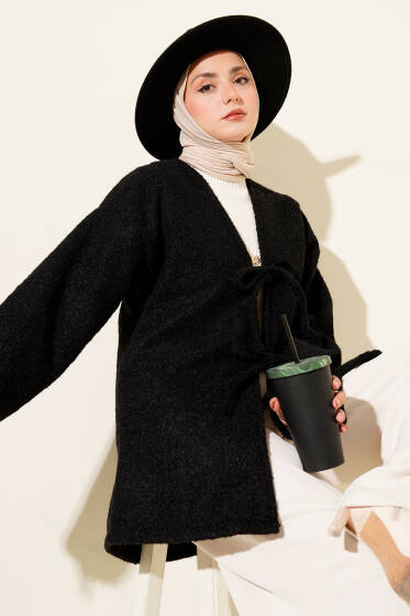 İp Bağlama Detaylı Ceket Siyah - Ceket