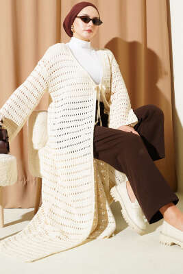 İp Bağlamalı Ajurlu Uzun Triko Hırka Bej - HATUN