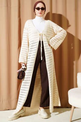 İp Bağlamalı Ajurlu Uzun Triko Hırka Bej - Hırka