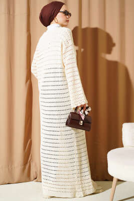 İp Bağlamalı Ajurlu Uzun Triko Hırka Bej - Hırka