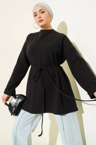 İp Bağlamalı Bisiklet Yaka Tunik Antrasit - Tunik