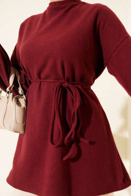 İp Bağlamalı Bisiklet Yaka Tunik Bordo - Tunik