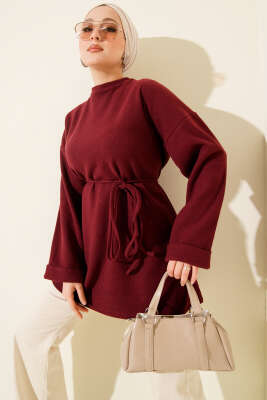 İp Bağlamalı Bisiklet Yaka Tunik Bordo - TEGOE