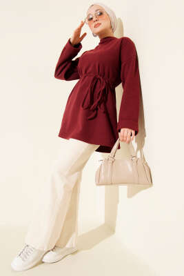 İp Bağlamalı Bisiklet Yaka Tunik Bordo - Yılın Fırsatı