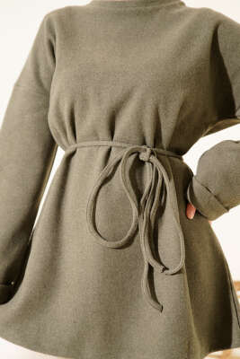 İp Bağlamalı Bisiklet Yaka Tunik Haki - Tunik