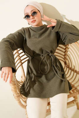 İp Bağlamalı Bisiklet Yaka Tunik Haki - TEGOE