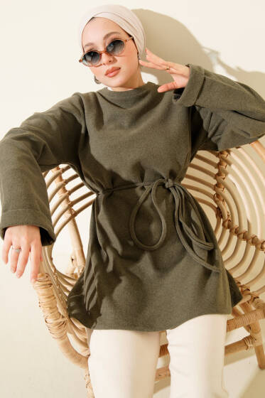 İp Bağlamalı Bisiklet Yaka Tunik Haki - Yılın Fırsatı