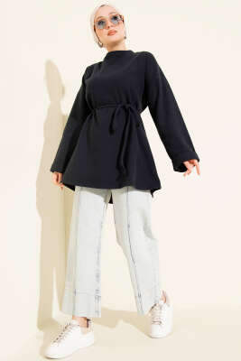 İp Bağlamalı Bisiklet Yaka Tunik Lacivert - Tunik