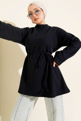 İp Bağlamalı Bisiklet Yaka Tunik Lacivert 