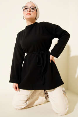 İp Bağlamalı Bisiklet Yaka Tunik Siyah - TEGOE