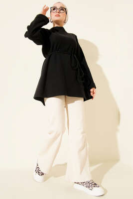 İp Bağlamalı Bisiklet Yaka Tunik Siyah - Tunik