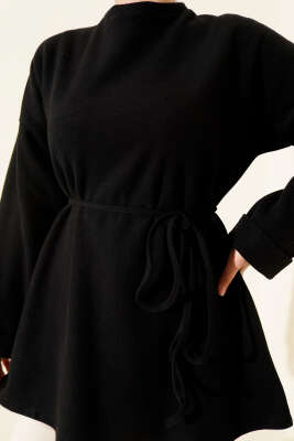 İp Bağlamalı Bisiklet Yaka Tunik Siyah - Tunik