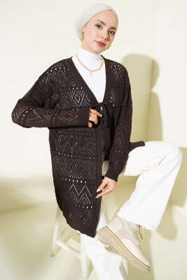 İp Bağlamalı Desenli Triko Hırka Acı Kahve - RAFİMİX