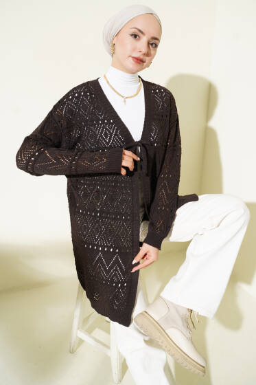 İp Bağlamalı Desenli Triko Hırka Acı Kahve - Hırka