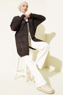 İp Bağlamalı Desenli Triko Hırka Acı Kahve - Hırka