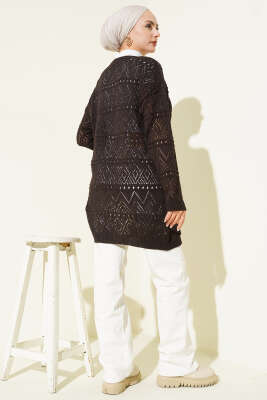 İp Bağlamalı Desenli Triko Hırka Acı Kahve - Hırka