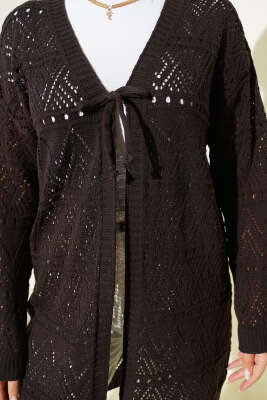 İp Bağlamalı Desenli Triko Hırka Acı Kahve - Hırka