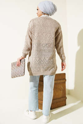 İp Bağlamalı Desenli Triko Hırka Bej - Triko Hırka