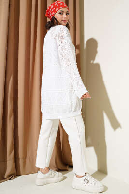 İp Bağlamalı Desenli Triko Hırka Beyaz - Triko Hırka